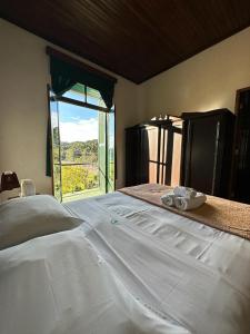 ein großes weißes Bett in einem Zimmer mit Fenster in der Unterkunft Hotel Cavalinho Branco in São Francisco de Paula