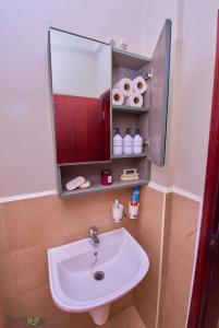 a bathroom with a sink and a mirror at Shosholoza Homes in Wakiso