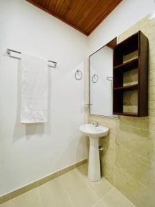 W łazience znajduje się biała umywalka i lustro. w obiekcie De Greiff House w San José Del Guaviare