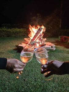 twee mensen met wijnglazen voor een vuur bij chale 2 canto das montanhas in Caparaó Velho