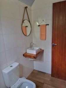 een badkamer met een toilet, een wastafel en een spiegel bij chale 2 canto das montanhas in Caparaó Velho