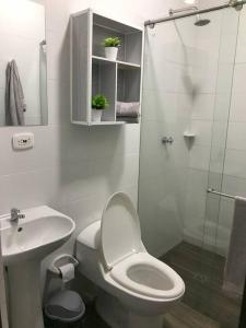 a bathroom with a toilet and a sink and a shower at Hermoso apto en Barrancabermeja in Barrancabermeja