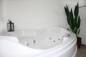 a white bath tub in a bathroom with a plant at Corsário 205 in Angra dos Reis