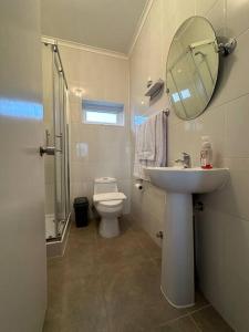 a bathroom with a sink and a toilet and a mirror at Tú Casa en Puerto Natales in Puerto Natales