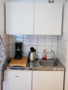 nette 1 Zimmerwohnung in Würzburg في فورتسبورغ: مطبخ مع حوض و كونتر توب