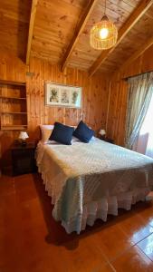 a bedroom with a bed in a room with wooden walls at Casa lican Ray vista al lago in Licán Ray