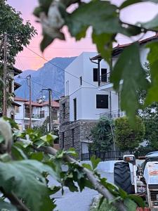 a white house with a mountain in the background at Olympus Stone Lodge in Litochoro