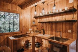 - une cuisine avec des murs en bois, un évier et une fenêtre dans l'établissement Koča Bistra - Velika planina, à Stahovica