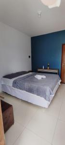 1 dormitorio con 1 cama grande y pared azul en Pousada Santo Rio, en Piranhas