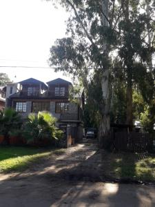 una casa con un árbol delante de una entrada en La posada de las brujas en Mar del Plata
