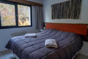 a bedroom with a bed with a purple blanket and two windows at Belgrano Decks II in San Carlos de Bariloche