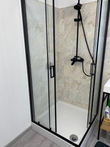 La salle de bains est pourvue d'une douche avec une porte en verre. dans l'établissement Apartament 33 Nad Iławką, à Iława