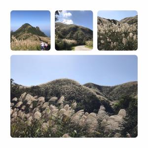 three pictures of mountains with people standing on a hill at A-HOME in Jiufen