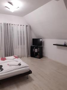 Habitación blanca con cama y TV en Biały apartament, en Polanica-Zdrój