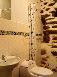 a bathroom with a toilet and a sink and a shower at Punto Sagrado in Ollantaytambo