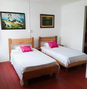 2 camas en una habitación con almohadas rosas en Hostal arbol cafe caicedonia, en Caicedonia