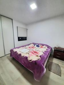 ein Schlafzimmer mit einem Bett mit einer lila Decke in der Unterkunft Departamento FICO 2 in Sunchales