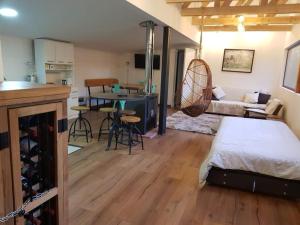 a room with a bed and a kitchen and a living room at Valdivia Tralcao Lodge in Valdivia