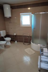 a bathroom with a shower and a toilet and a sink at Family friendly apartments with a swimming pool Vinisce, Trogir - 12676 in Vinišće