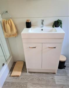 a bathroom with a white sink and a mirror at Private Country Cottage in Paraparaumu