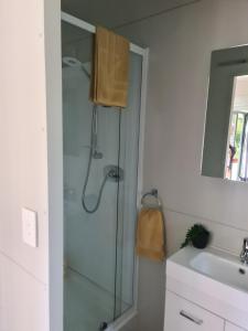 a bathroom with a shower and a sink at Private Country Cottage in Paraparaumu