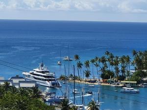 a group of boats docked in a harbor with palm trees at Casa Vista in Marigot Bay