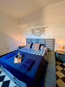 a bedroom with a blue bed with a blue comforter at Downtown Room in Asunción