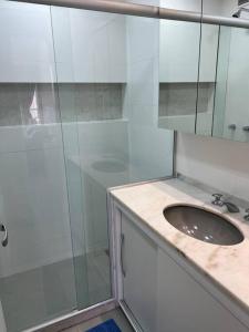 a bathroom with a sink and a glass shower at Está errado! App ruim in Rio de Janeiro