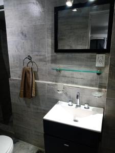 La salle de bains est pourvue d'un lavabo, d'un miroir et de toilettes. dans l'établissement Departamento monoambiente Belgrano R, à Buenos Aires