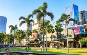 a park with palm trees in front of a building at Deluxe Queen 1BR Luxury Suite 11 - Pool, City View in Manila