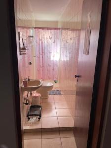 La salle de bains est pourvue d'un lavabo, de toilettes et d'une douche. dans l'établissement Hostel Salus, à Barueri