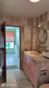 a bathroom with a pink sink and a mirror at Habitaciones remodeladas con areas comunes in Momoxpan