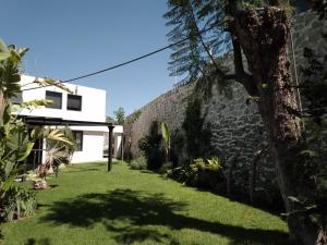 a house with a grass yard next to a stone wall at Habitaciones remodeladas con areas comunes in Momoxpan