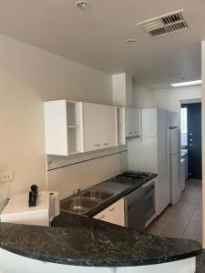 cocina con fregadero y encimera en RNR Serviced Apartments Adelaide - Sturt St en Adelaida