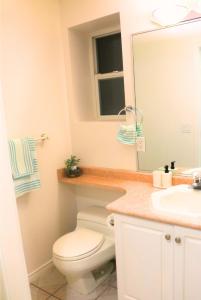 a bathroom with a toilet and a sink and a mirror at Lovely 1 bedroom attached full washroom in Surrey