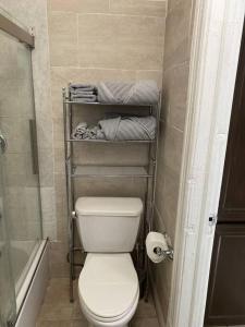 ein kleines Bad mit WC und Handtüchern in der Unterkunft Classic King Suite Apartment in Schenectady