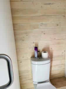 een toilet in een badkamer met houten wanden bij Zee’s Airbnb East London in East London