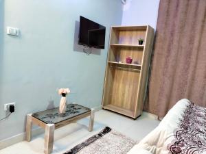 Joy Homes في القاهرة: غرفة معيشة مع تلفزيون وطاولة مع زهور