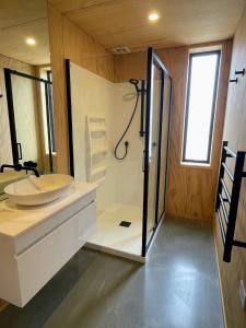 a bathroom with a sink and a shower in it at Mill Creek Cottage in Arrowtown