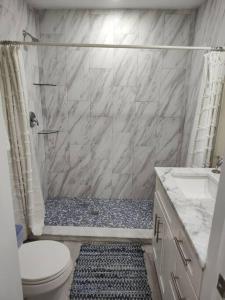 a bathroom with a shower and a toilet and a sink at Completely Renovated! Half Duplex 1mile to Beach in Nokomis