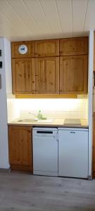 a kitchen with a sink and a white dishwasher at Au Bord des Pistes in La Plagne