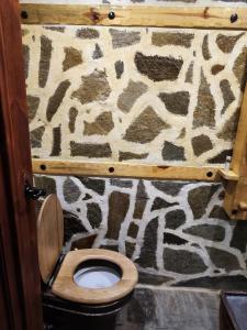 een badkamer met een houten toilet en een stenen muur bij Сияние in Smolyan