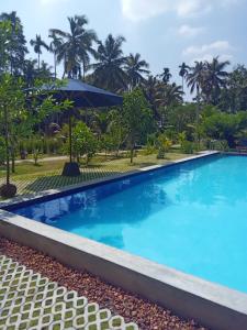 een zwembad in het resort met palmbomen op de achtergrond bij Steps Garden Resort in Negombo