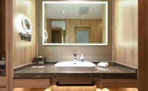 baño con lavabo y espejo grande en Atour Hotel High Tech Changchun, en Changchún