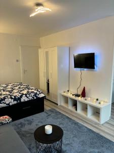 um quarto com uma cama e uma televisão na parede em Studio apartman Stefi em Samobor