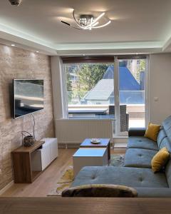亞霍里納的住宿－Olimpijska kuca Freedom，客厅设有蓝色的沙发和大窗户