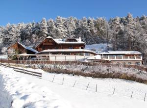 una grande casa in legno nella neve con gli alberi di Chalet Grumer Suites&Spa a Soprabolzano