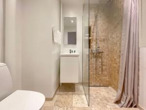 a bathroom with a shower and a toilet and a sink at Large Luxury Apt with Canal View in Central CPH City in Copenhagen