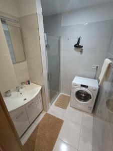 ein Badezimmer mit einer Waschmaschine und einem Waschbecken in der Unterkunft Apartmán Lúčky Bojnice in Bojnice