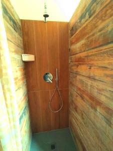 a bathroom with a shower with a wooden wall at Tempio del Sole in Rome